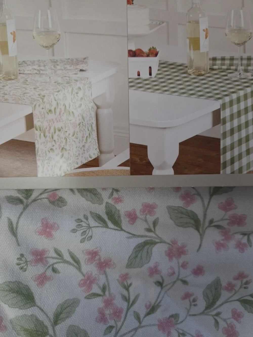 Martha Stewart - NEW Pink Floral and Green Gingham Reversible Table Runner 14x72